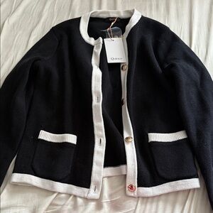 Quince Black and White Trim Knit Cardigan
